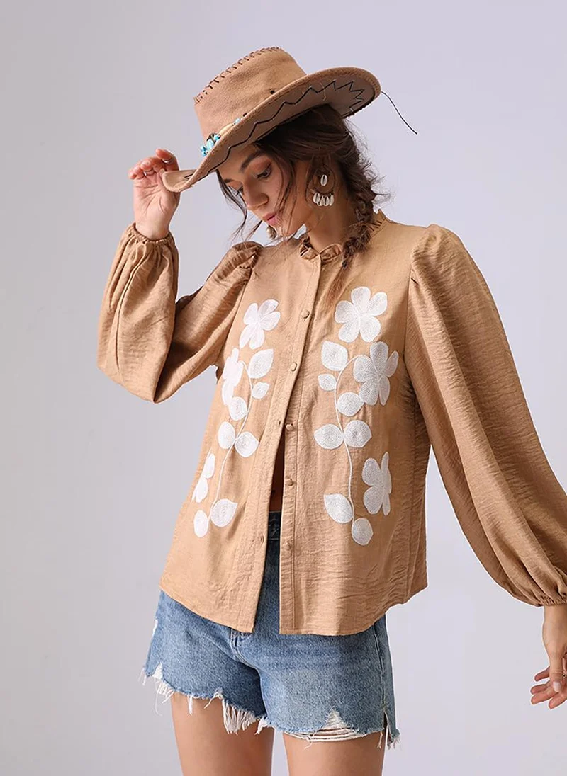 يونيكي Khaki Band Collar Puff Sleeves Relaxed Fit Shirt