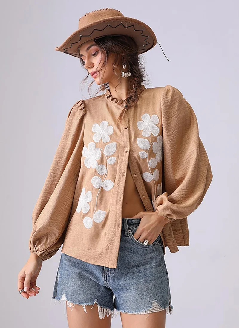يونيكي Khaki Band Collar Puff Sleeves Relaxed Fit Shirt