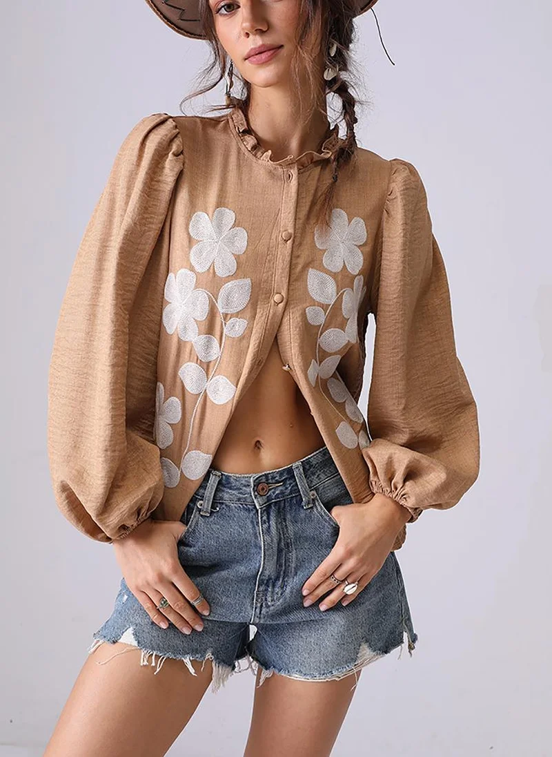 يونيكي Khaki Band Collar Puff Sleeves Relaxed Fit Shirt