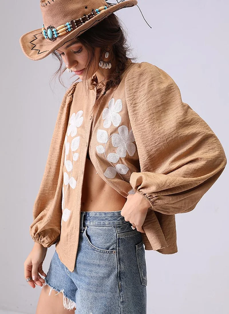 يونيكي Khaki Band Collar Puff Sleeves Relaxed Fit Shirt