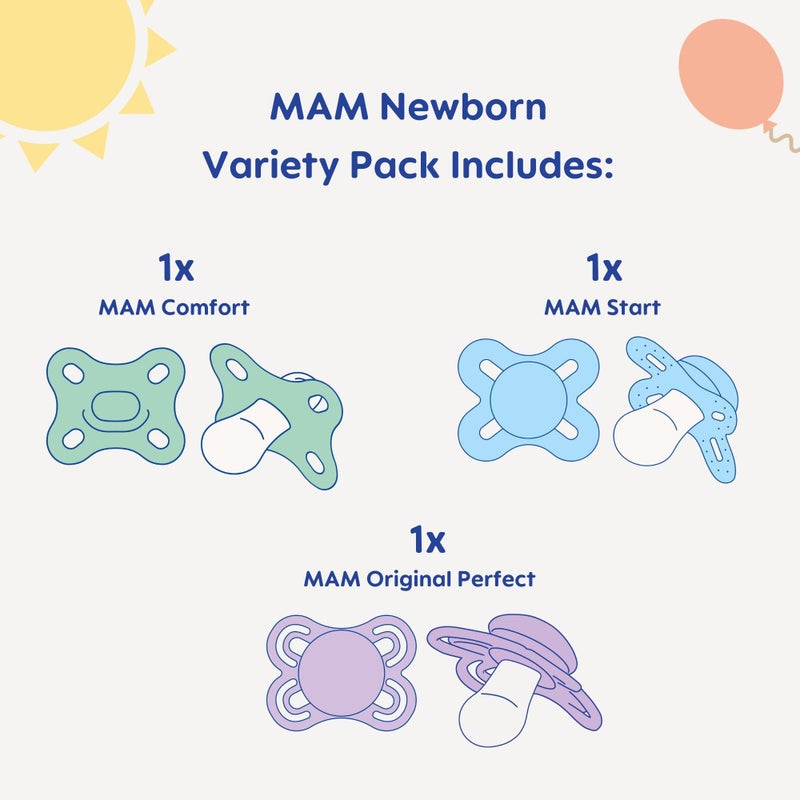 MAM Pacifier Newborn Variety Pack (1 Comfort, 1 Perfect Start, 1 Newborn Original Start) Best Pacifier for Breastfed Babies, 0-3 Months, Unisex, 3-Pack - Image 2