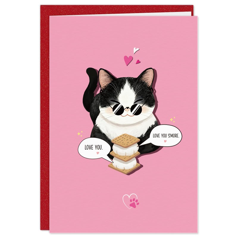 FLYAB Funny Valentine's Day Card - Cute Love You S'more Pun Valentines Cards with Envelope Tuxedo Cat Wedding Anniversary Birthday Gift for Her Him Cat Lovers (5.5x8 inch - Image 1