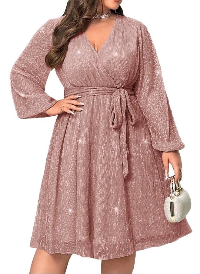 RED DOT BOUTIQUE 876 - Plus Size Elegant Lantern Long Bishop Sleeve Cocktail Dress with Waist Ties (Dusty Pink, 2X) - Image 1