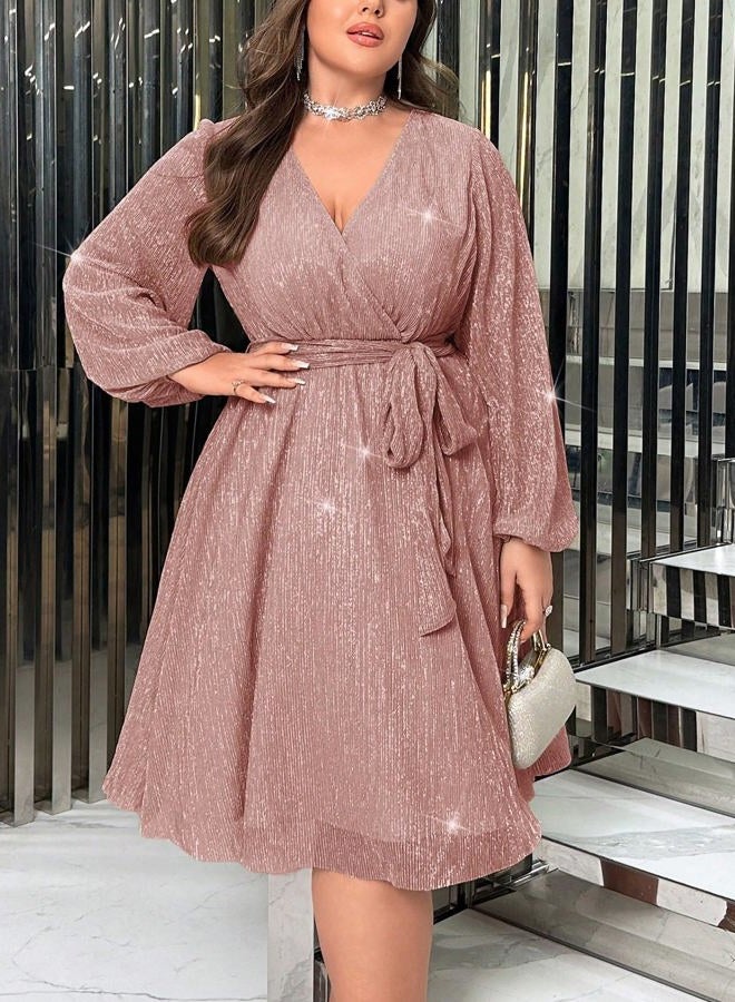RED DOT BOUTIQUE 876 - Plus Size Elegant Lantern Long Bishop Sleeve Cocktail Dress with Waist Ties (Dusty Pink, 2X) - Image 2