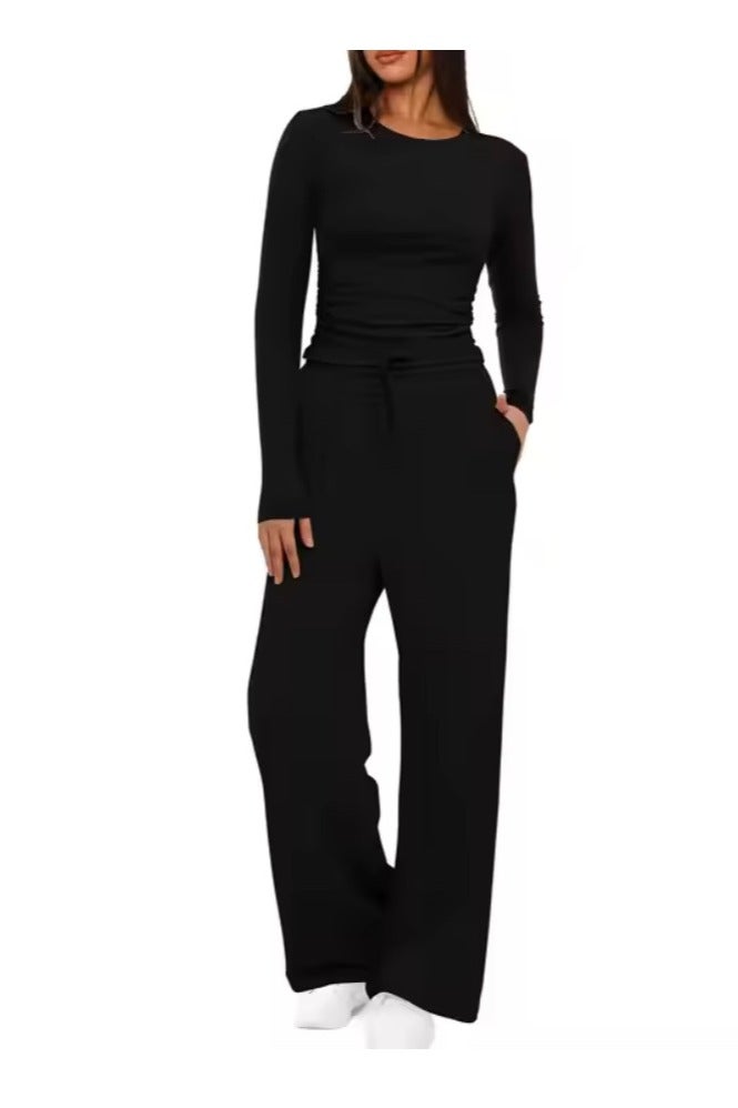 SOLOBUY Pyjamas Set Jersy Women's Long-Sleeved, Elastic Waist, Collar Round, Pants, Color Black - Image 1
