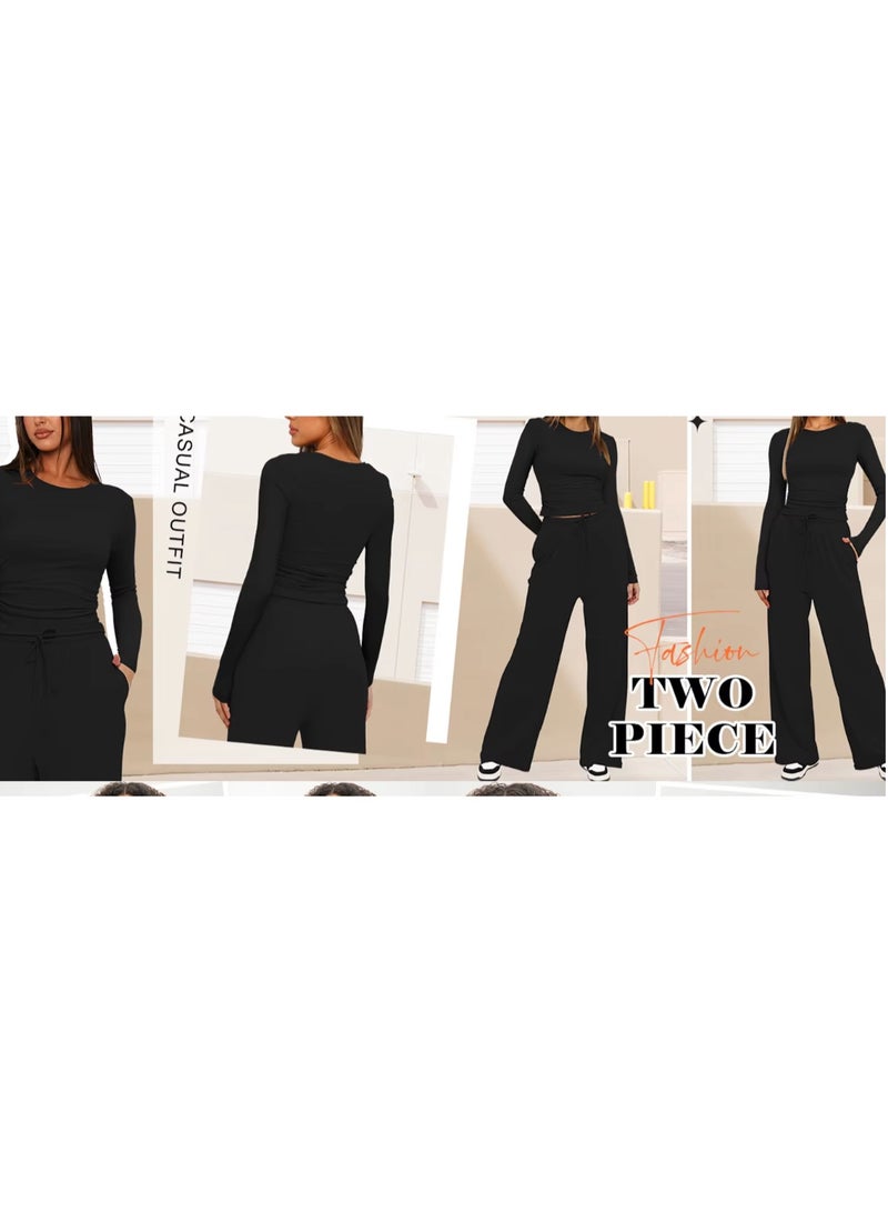 SOLOBUY Pyjamas Set Jersy Women's Long-Sleeved, Elastic Waist, Collar Round, Pants, Color Black - Image 5