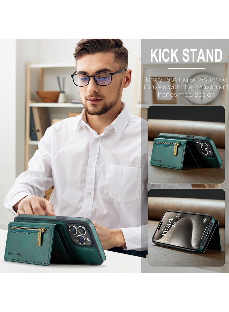 ديجمينغ كيس مي جراب جلد مع محفظة مغناطيسية متوافق مع هاتف ايفون 15 برو - اخضر - Image 4