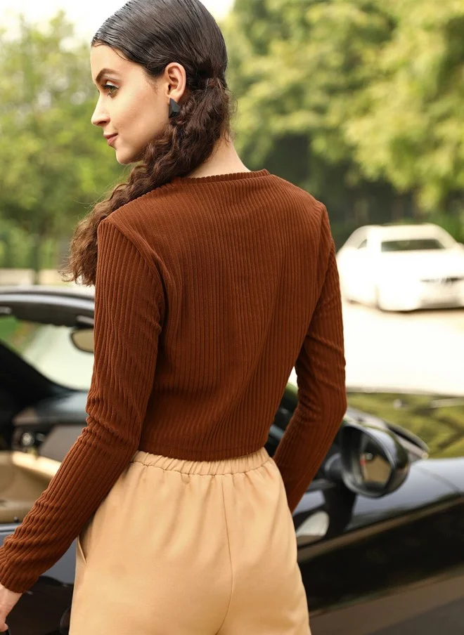 STREET 9 BASICS Brown Solid Crop Top for Women