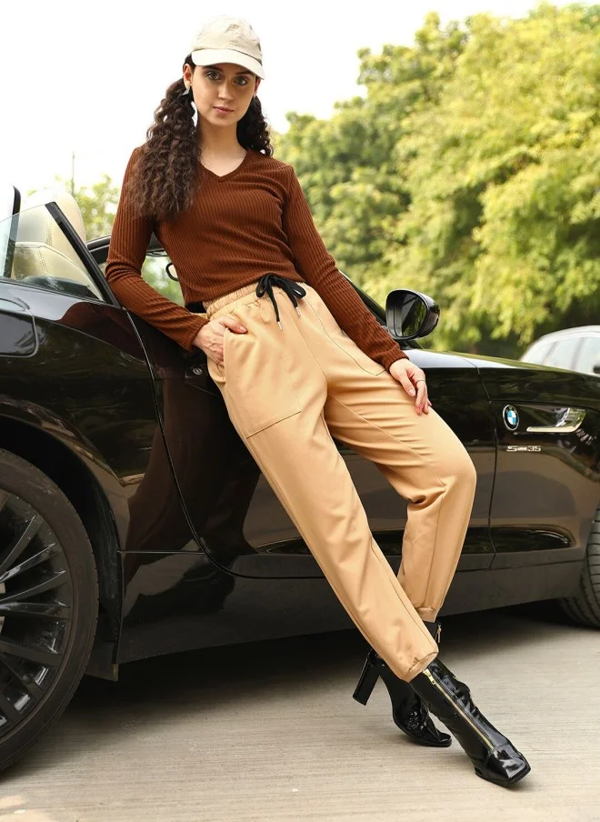 STREET 9 BASICS Brown Solid Crop Top for Women
