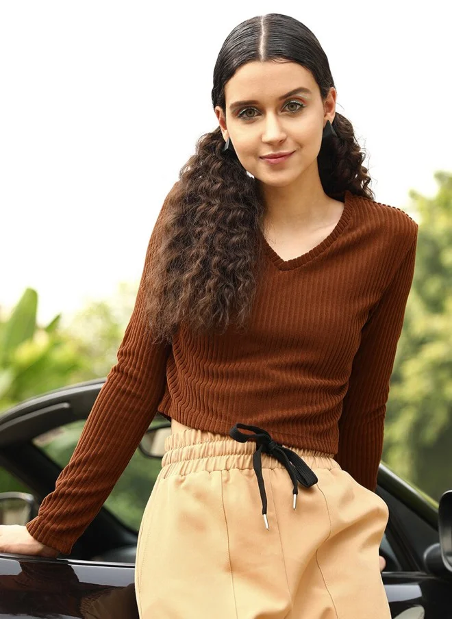 STREET 9 BASICS Brown Solid Crop Top for Women