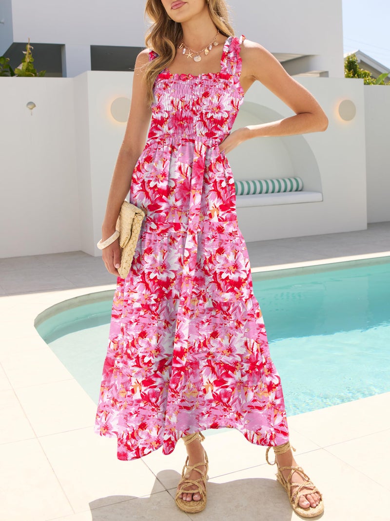 Caracilia Womens Summer Maxi Dresses Floral Smocked Sleeveless Ruffle Boho Casual Flowy Aline Beach Vacation Long Sundress Rose Red Floral M - Image 2
