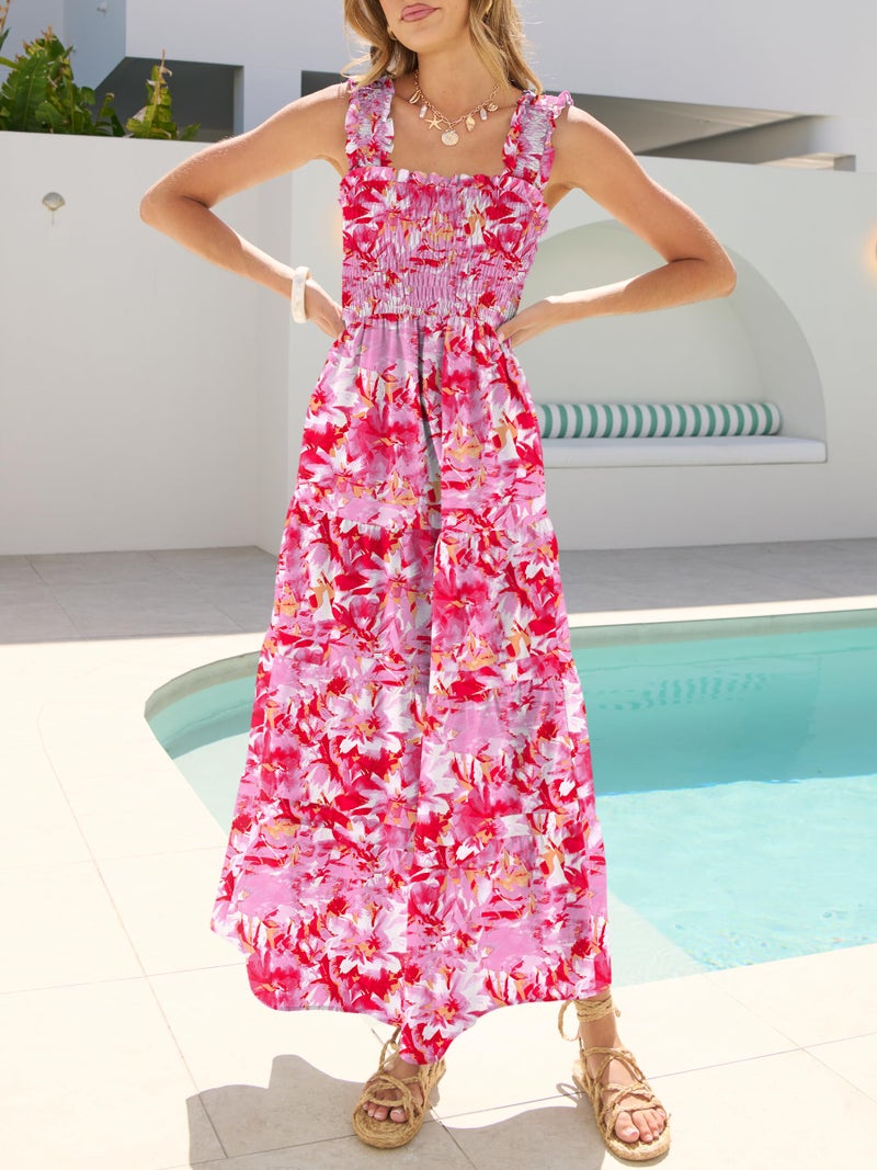Caracilia Womens Summer Maxi Dresses Floral Smocked Sleeveless Ruffle Boho Casual Flowy Aline Beach Vacation Long Sundress Rose Red Floral M - Image 4