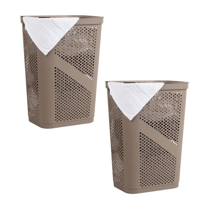 Mind Reader 60L Slim Laundry Hamper, Clothes Basket, Lid, Ventilated, Plastic, Set of 2, Tan - Image 1