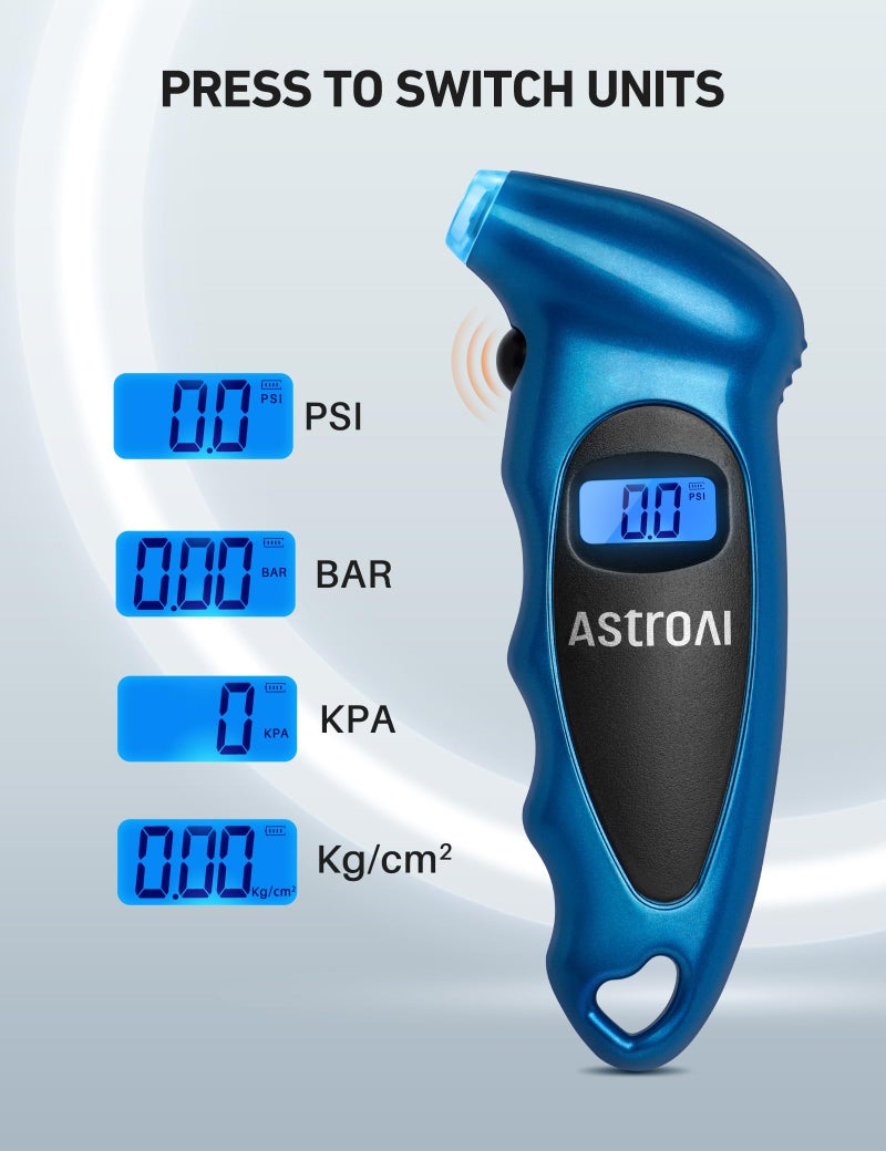 AstroAI Tire Pressure Gauge Digital 0-150PSI (Accurate in 0.1 Increments), 4 Settings Stocking Stuffers for Car Truck Bicycle with Backlight LCD and Presta Valve Adaptor, Blue - Image 5