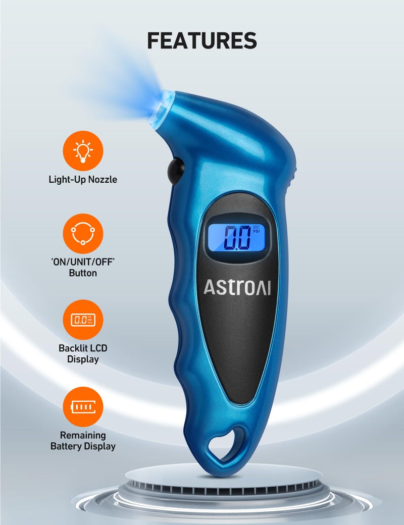 AstroAI Tire Pressure Gauge Digital 0-150PSI (Accurate in 0.1 Increments), 4 Settings Stocking Stuffers for Car Truck Bicycle with Backlight LCD and Presta Valve Adaptor, Blue - Image 4
