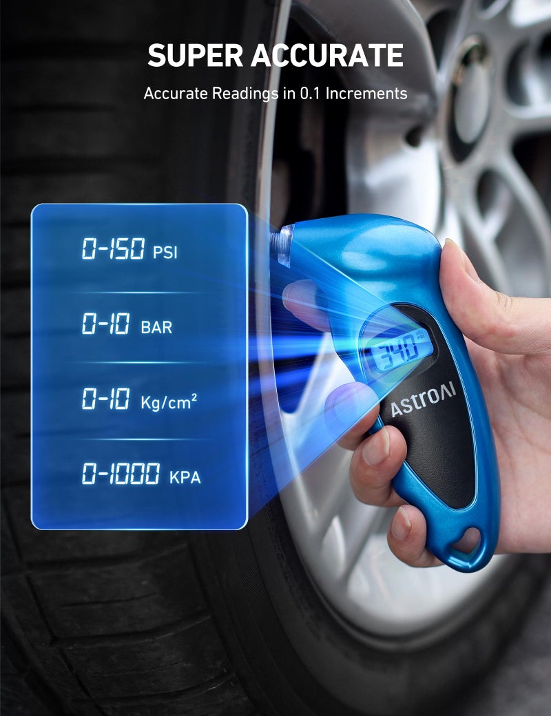 AstroAI Tire Pressure Gauge Digital 0-150PSI (Accurate in 0.1 Increments), 4 Settings Stocking Stuffers for Car Truck Bicycle with Backlight LCD and Presta Valve Adaptor, Blue - Image 2