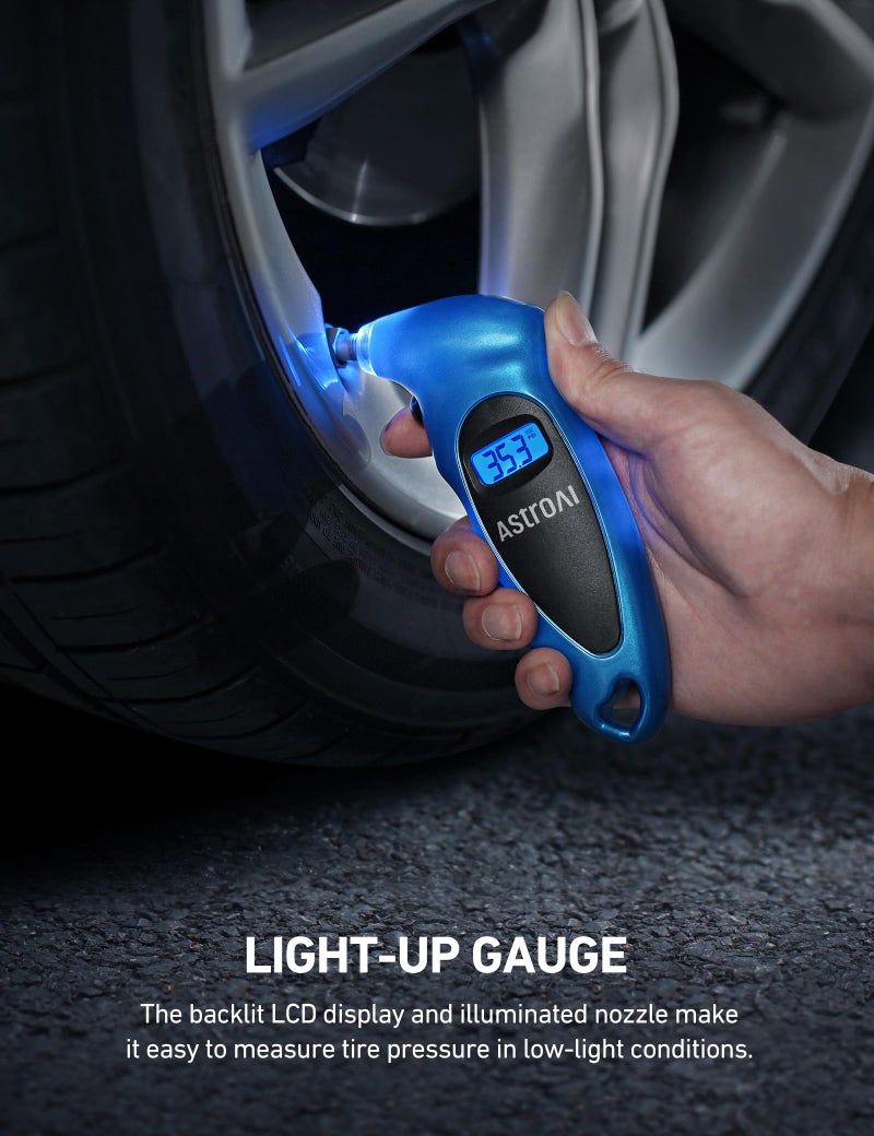 AstroAI Tire Pressure Gauge Digital 0-150PSI (Accurate in 0.1 Increments), 4 Settings Stocking Stuffers for Car Truck Bicycle with Backlight LCD and Presta Valve Adaptor, Blue - Image 3