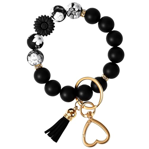 Weixiltc Silicone Bead Keychain Wristlet for Women, Charm Bracelet Key Chains, Car Key Rings Holder for Girls (Daisy Black) - Image 1