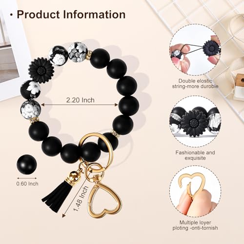 Weixiltc Silicone Bead Keychain Wristlet for Women, Charm Bracelet Key Chains, Car Key Rings Holder for Girls (Daisy Black) - Image 2