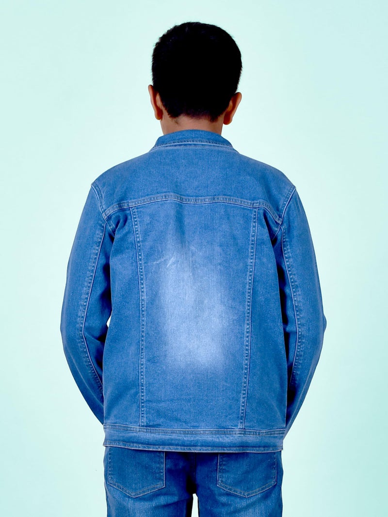 KiddoPanti Boys Denim Jacket | Cotton Poly Blend with Lycra | Washed Denim, Full Sleeve | Button Closure & Front Flap Pockets | Collared Neck, Mid Wash - 10-12Years, Standard Length - Image 3