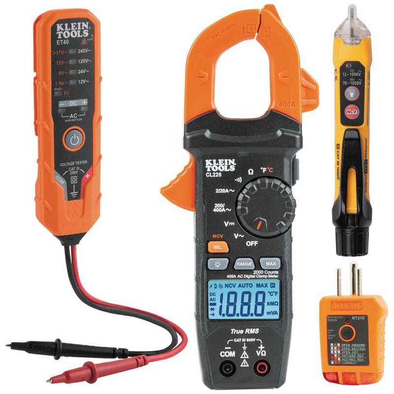 Klein Tools CL220VP Electrical Test Kit with Digital Clamp Meter NonContact Voltage Test Pen GFCI Outlet Tester ACDC Voltage Tester