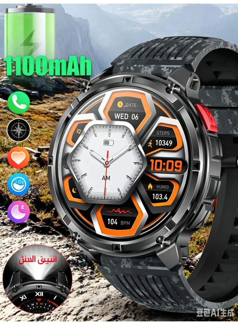 ساعة ذكية عسكرية للرجال بشاشة AMOLED HD مقاس 1.7 بوصة مع مكالمات بلوتوث، متتبع لياقة بدنية، بوصلة، مقاومة للماء IP68 لنظامي Android و iOS - Image 1