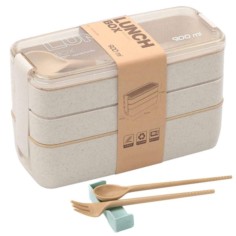 Rarapop Beige Stackable Bento Lunch Box Kit, 3-In-1 Compartment Wheat Straw Lunch Containers with Tableware, Reusable On-the-Go Meal and Snack Containers - Image 1