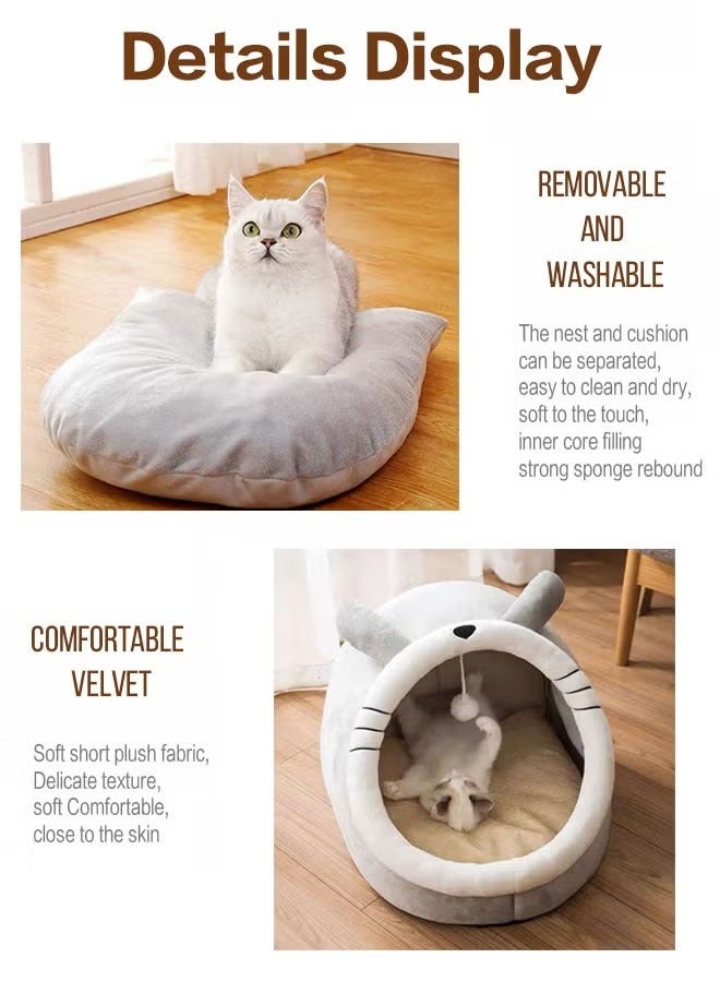 Semi-Enclosed Cat Bed, Soft Comfortable Cat Cave House with Hanging Fluffy Ball and Removable Cat Mattress, Indoor Warm Pet Nest, Pet Bed for Cats and Small Dogs - Image 4