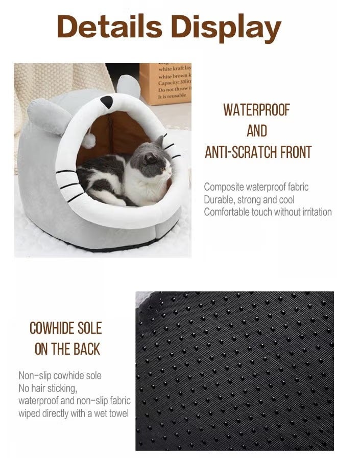 Semi-Enclosed Cat Bed, Soft Comfortable Cat Cave House with Hanging Fluffy Ball and Removable Cat Mattress, Indoor Warm Pet Nest, Pet Bed for Cats and Small Dogs - Image 5