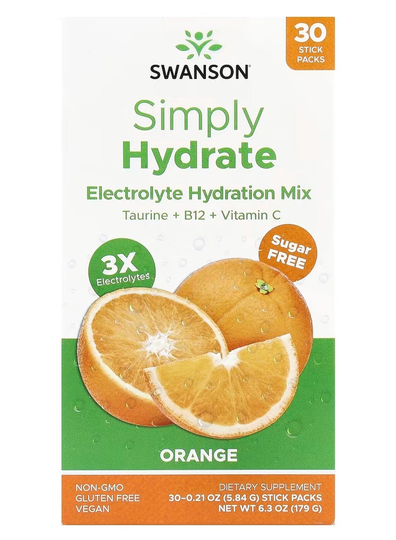 Swanson, Simply Hydrate, Electrolyte Hydration Mix, Orange, 30 Stick Packs, 0.21 oz (5.84 g) Each