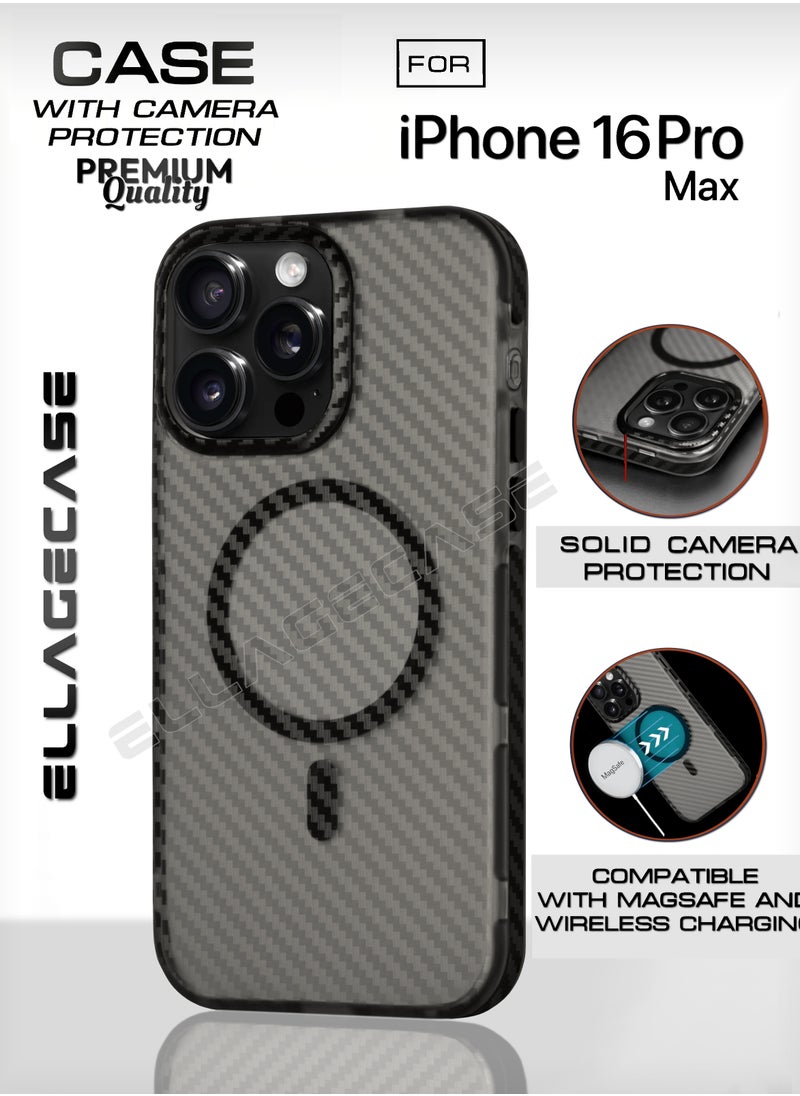 ELLAGECASE Carbon Case for iPhone 16 Pro Max, Plastic-coated Carbon, Solid Camera Protection, Shockproof, Enhanced Protection, Compatible with Magsafe and Wireless Charging  - Image 1
