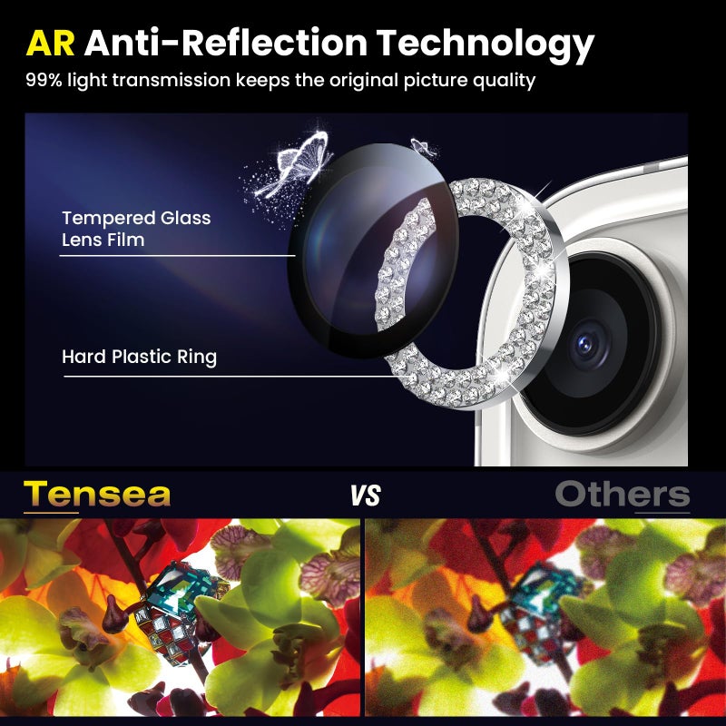 Tensea for iPhone 15 Pro/iPhone 15 Pro Max Camera Lens Protector Bling, Tempered Glass Screen Protector Protection Camera Cover Diamond Metal Individual Ring for 15 Pro 6.1" /15 Pro Max 6.7" 2023 - Image 3