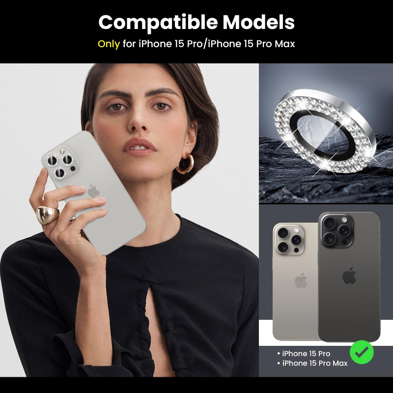 Tensea for iPhone 15 Pro/iPhone 15 Pro Max Camera Lens Protector Bling, Tempered Glass Screen Protector Protection Camera Cover Diamond Metal Individual Ring for 15 Pro 6.1" /15 Pro Max 6.7" 2023 - Image 2