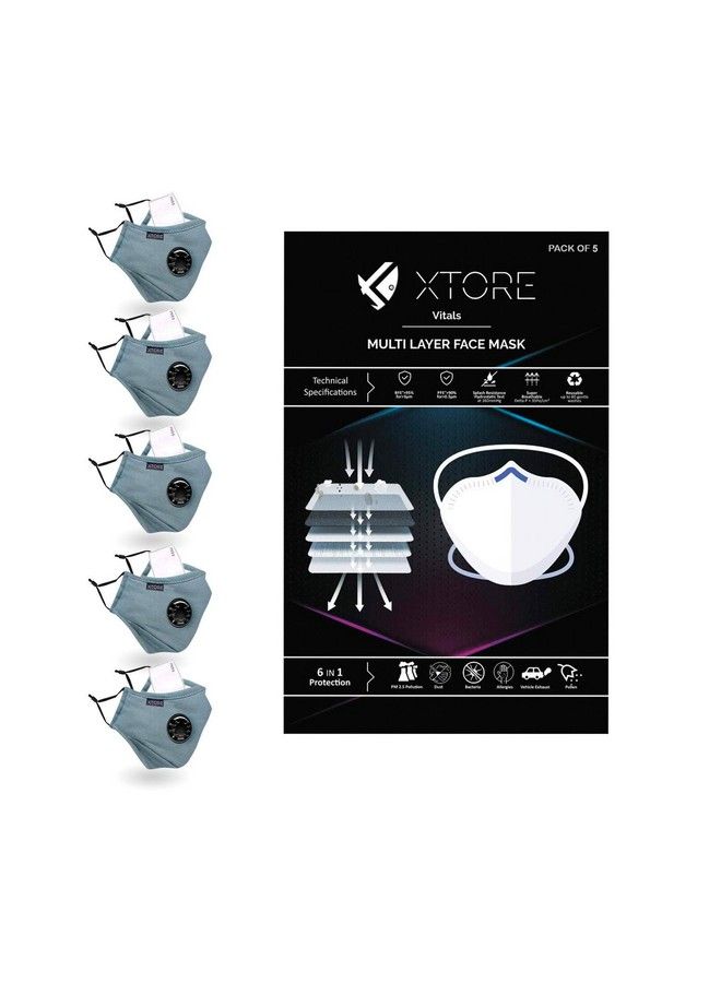 XTORE N95 Fda Ce Certified Antipollution Cotton Mask ; Reusable ; Washable (Pack Of 5 Mask 5 Filters Cloud Grey) - Image 1