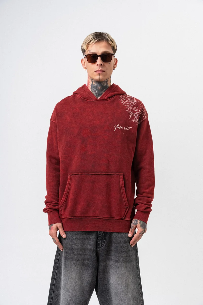 RESPIRE Men's Fierce Printed Washed Hooded Oversize Hoodie Bordeaux
