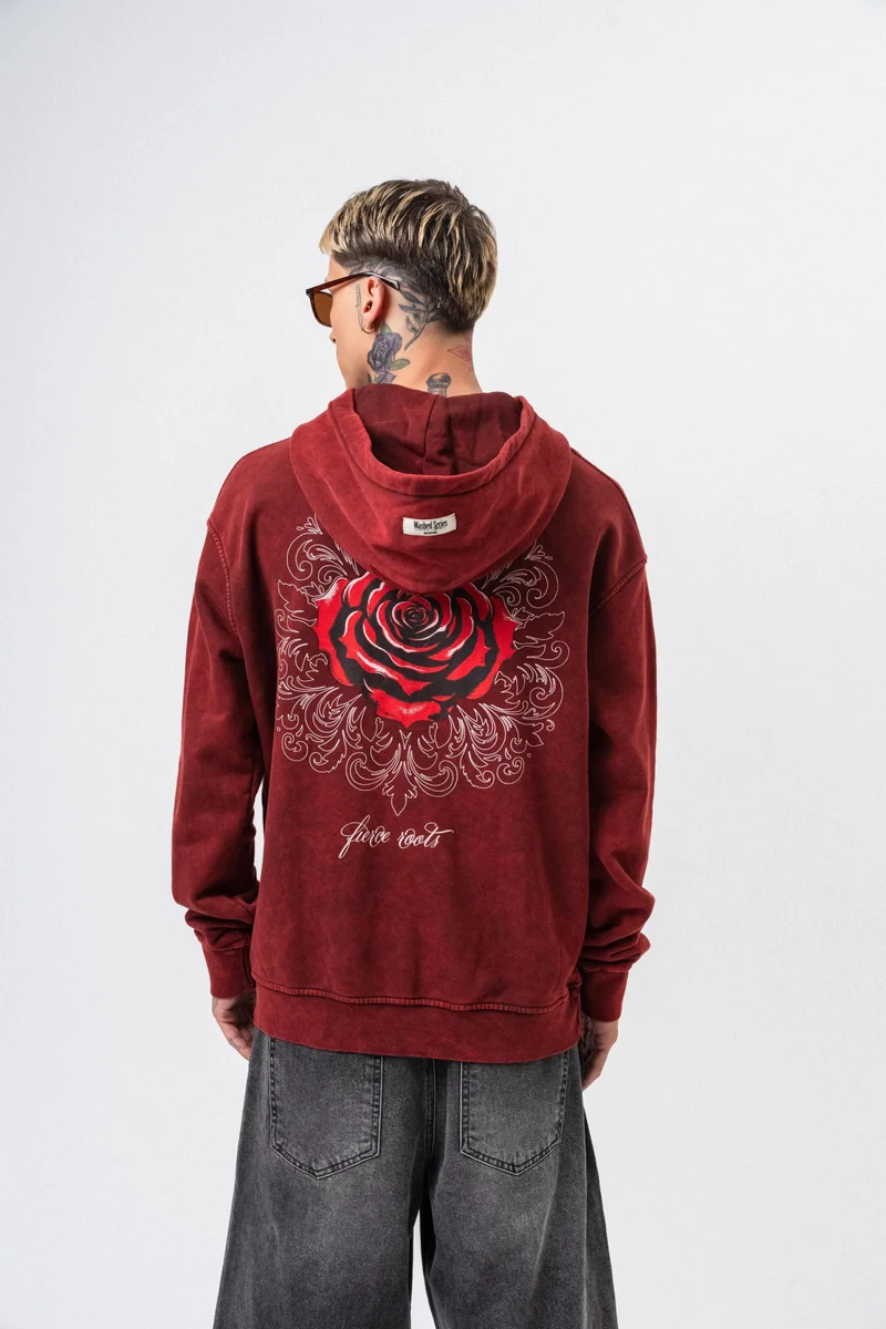 RESPIRE Men's Fierce Printed Washed Hooded Oversize Hoodie Bordeaux