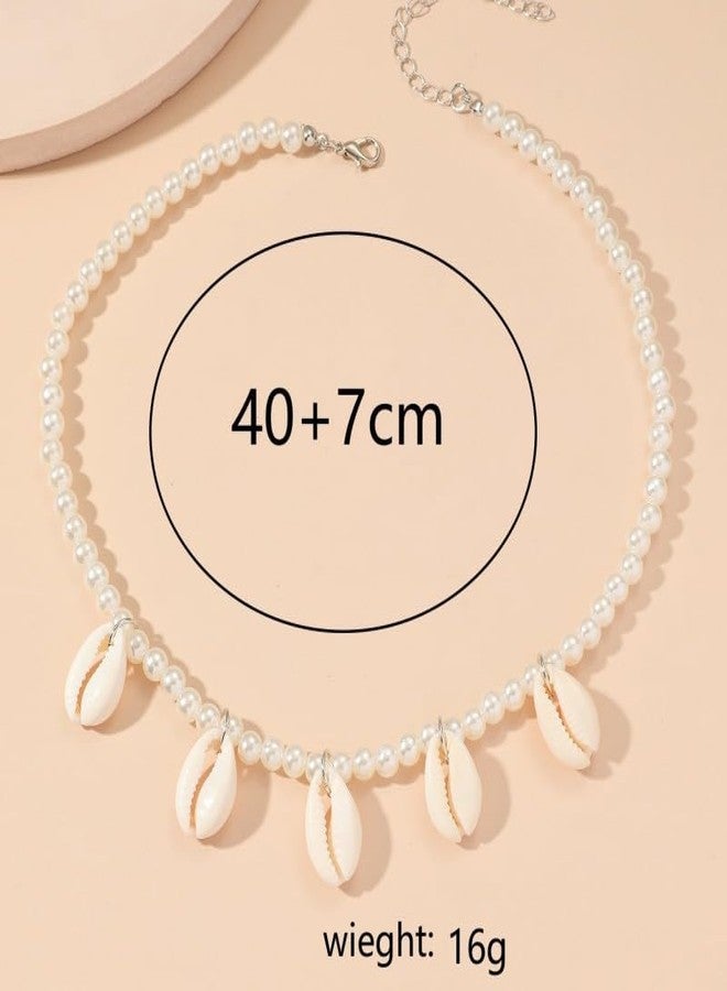 DORMITORRY Boho Cowrie Shell Pearl Necklace for Women Girls | Adjustable Beach Choker | Trendy Summer Seashell Jewellery | Pearl Bead Chain for Vacation & Daily - 1 Pcs. - Image 5