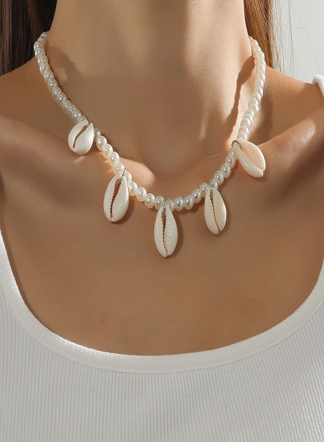 DORMITORRY Boho Cowrie Shell Pearl Necklace for Women Girls | Adjustable Beach Choker | Trendy Summer Seashell Jewellery | Pearl Bead Chain for Vacation & Daily - 1 Pcs. - Image 4