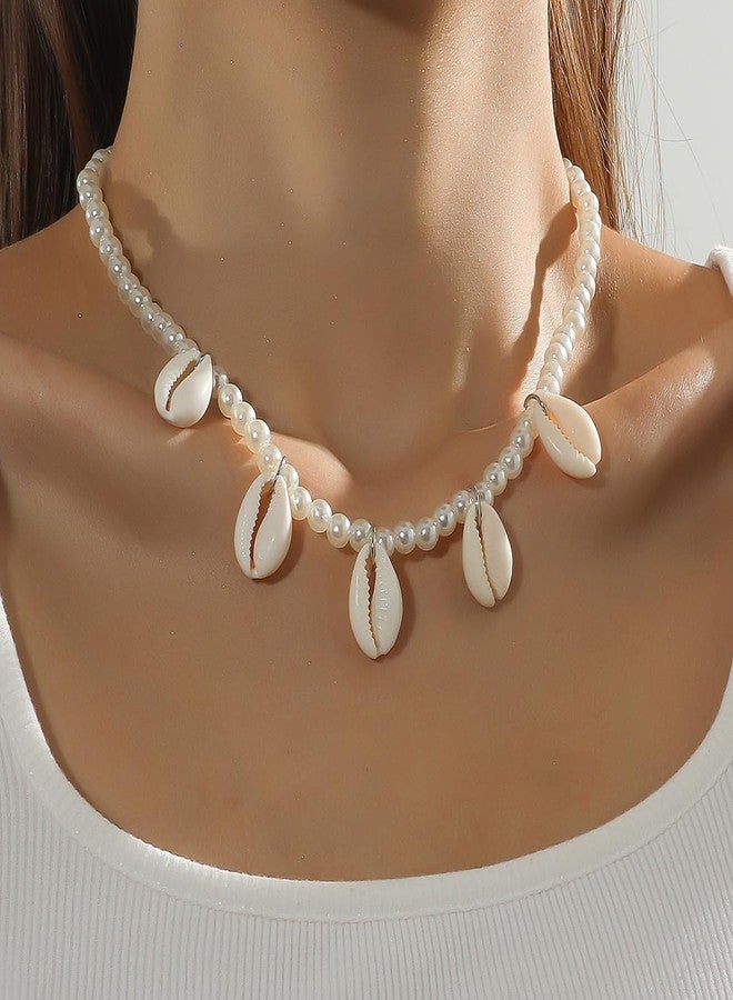 DORMITORRY Boho Cowrie Shell Pearl Necklace for Women Girls | Adjustable Beach Choker | Trendy Summer Seashell Jewellery | Pearl Bead Chain for Vacation & Daily - 1 Pcs. - Image 2