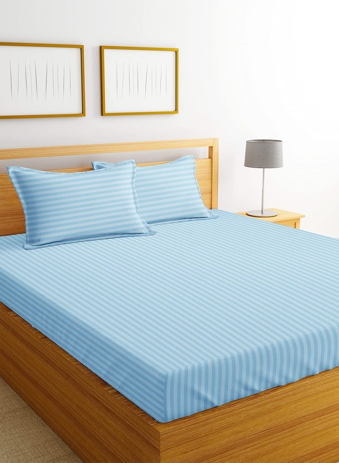 VAS COLLECTIONS Premium Glace Cotton Solid/Stripe King Bedsheet with 2 King Size Pillow Covers | Double Bed with 210 TC Glace Cotton | Size - King Size 90x100 inches - Aqua - Image 4