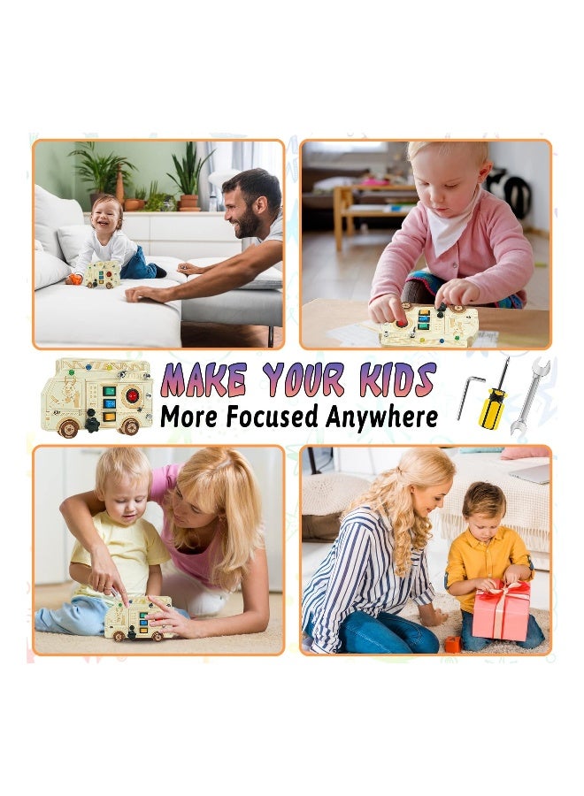 3-in-1 Montessori Busy Board with LED Light, Fire Truck Fine Motor Skills Toys, Wooden Car Busy Board, Screwdriver Mini Set, and Push Buttons for Engaging Learning Activities.  - Image 3
