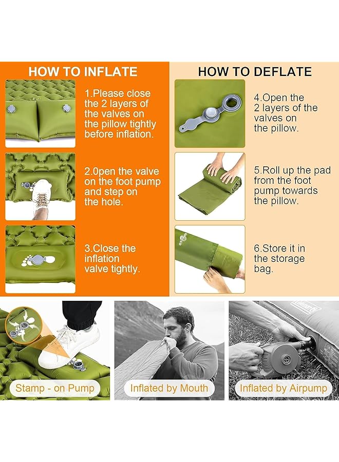 HOOKOR Double Camping Sleeping Pad Self Inflating Camping Mat With Pillow Built In Foot Pump Waterproof Inflatable Sleeping Mat Lightweight Air Mattress For Car Backpacking Hiking (Bright Green) - Image 4