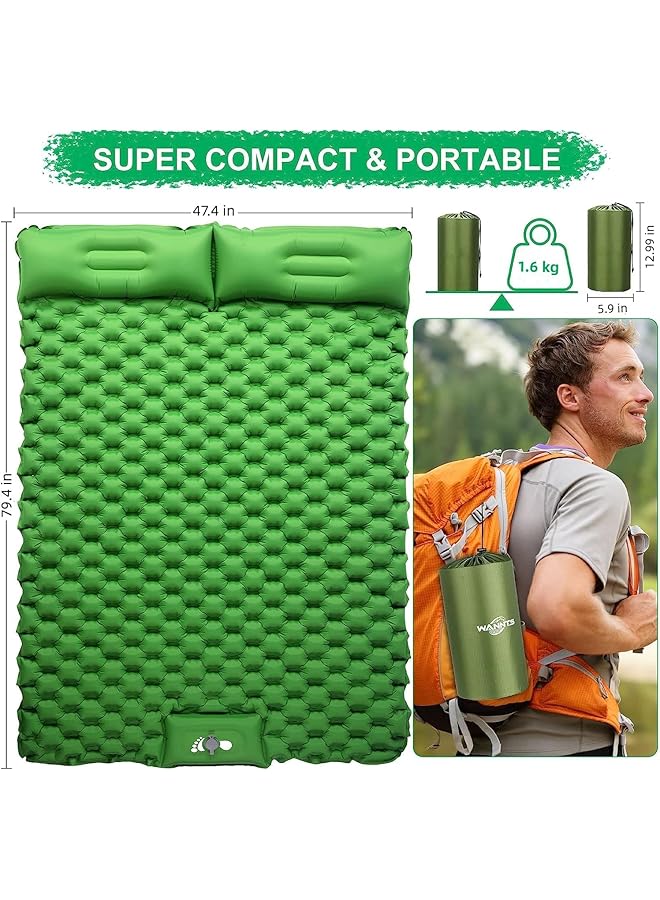 HOOKOR Double Camping Sleeping Pad Self Inflating Camping Mat With Pillow Built In Foot Pump Waterproof Inflatable Sleeping Mat Lightweight Air Mattress For Car Backpacking Hiking (Bright Green) - Image 2