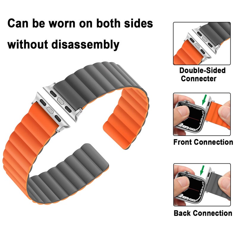 Anlinser Magnetic Bands Compatible with Apple Watch Band 49/46/45 44/42/41/40/38mm, Women Men Double Side Reversible Strap for iWatch Ultra 3-1 Series 11/10/9/8/7-1 SE (42/41/40/38, Gray/Orange) - Image 3