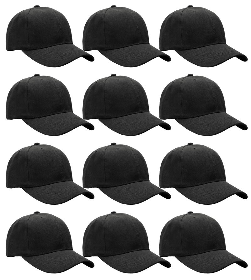 Wholesale Bulk Lot 12Pack Baseball Cap Adjustable Size Plain Blank Solid Color 12Pack Black