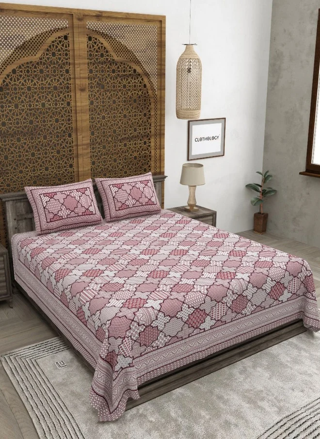 CLOTHOLOGY CLOTHOLOGY Brown Geometric Cotton 180 TC King Fine Bedsheet with 2 Pillow Covers - 108 x 89 inches