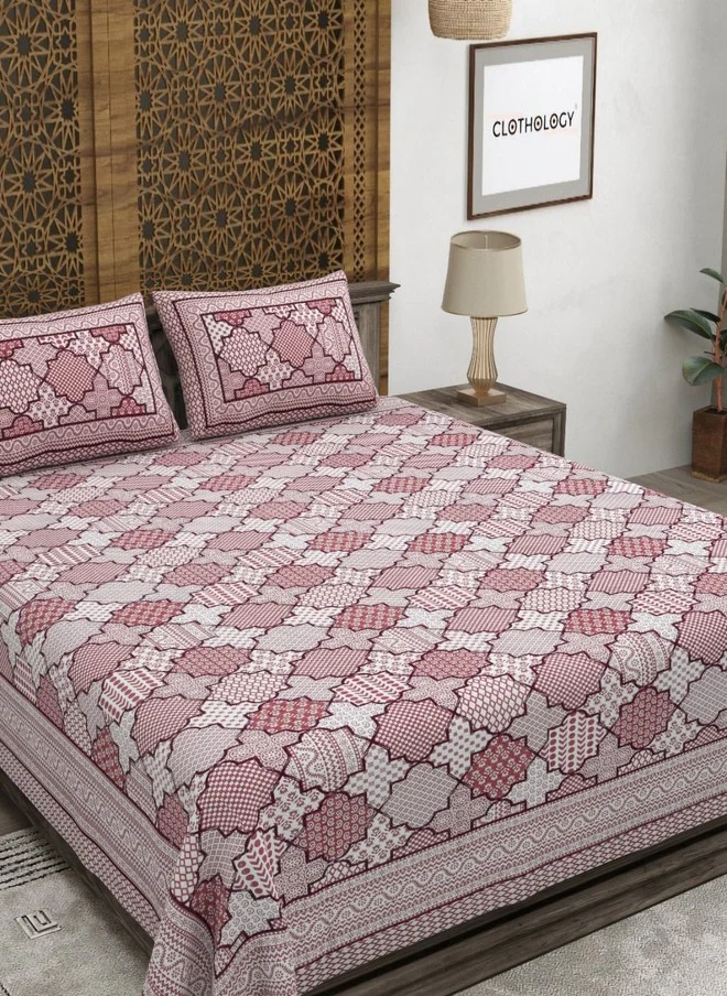 CLOTHOLOGY CLOTHOLOGY Brown Geometric Cotton 180 TC King Fine Bedsheet with 2 Pillow Covers - 108 x 89 inches
