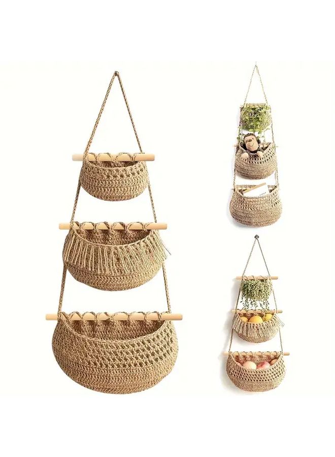 Boho Chic 3 Tier Wall Hanging Storage Basket In Jute Brown Handwoven Rope Organizer For Fruits Vegetables And More Easy Install Versatile Home Decor - Image 3