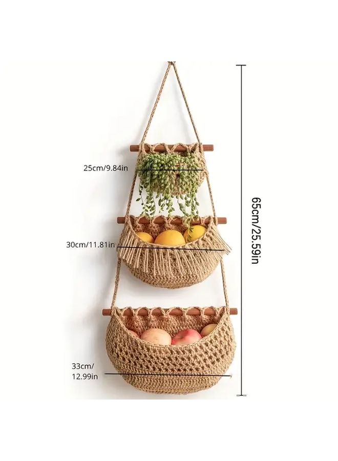 Boho Chic 3 Tier Wall Hanging Storage Basket In Jute Brown Handwoven Rope Organizer For Fruits Vegetables And More Easy Install Versatile Home Decor - Image 2
