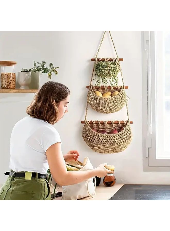 Boho Chic 3 Tier Wall Hanging Storage Basket In Jute Brown Handwoven Rope Organizer For Fruits Vegetables And More Easy Install Versatile Home Decor - Image 1